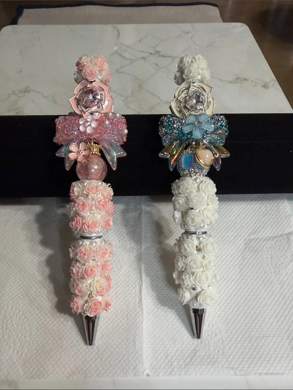 Handcrafted Floral Crystal Ballpoint Pen - Pink and White